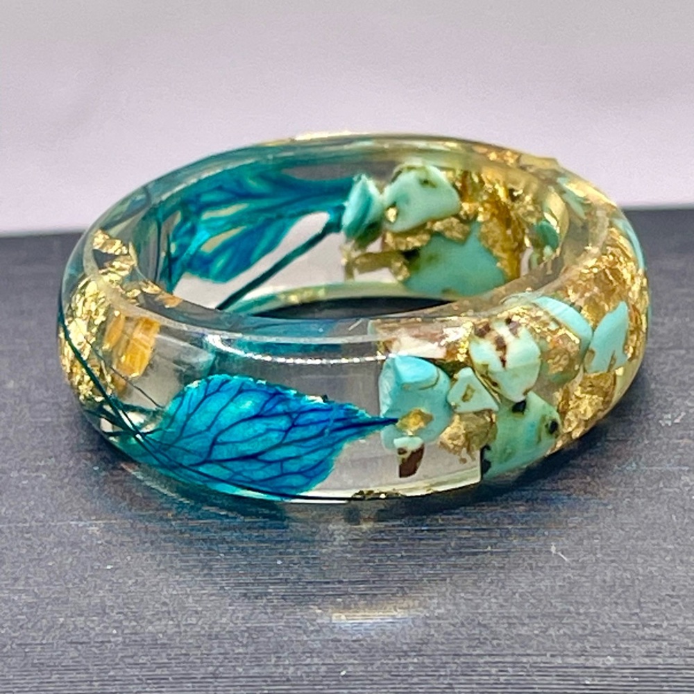 Botanical Elements and Gold Flake Clear Resin Ring. Gold and Blue. Size 7